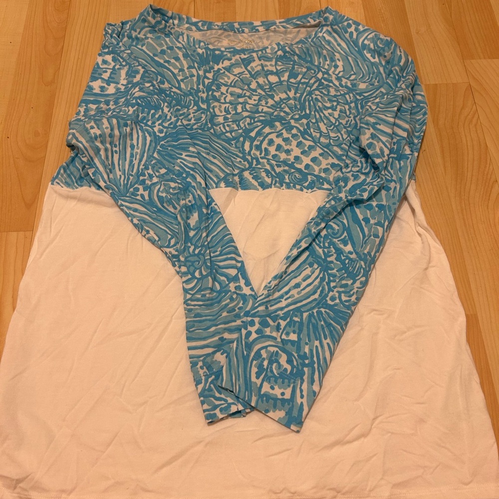Blue and White Patterned Long Sleeve Top